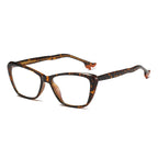 High Heel Temple Cat Eye Blue Light Blocking Glasses in Amber Leopard Tortoiseshell with Orange Heel Tips