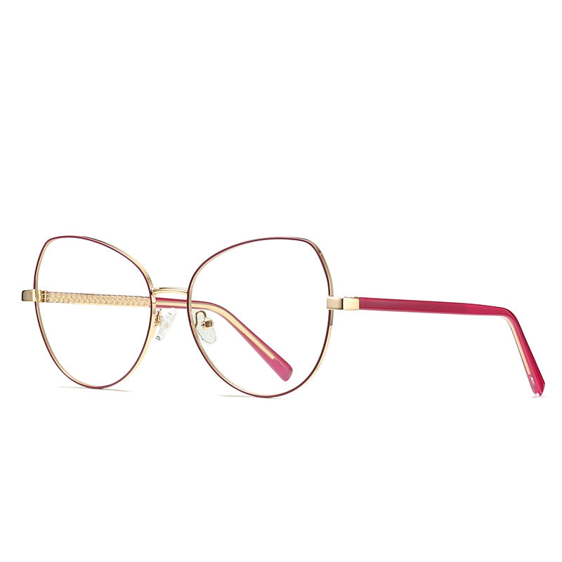 Oversized Metal Butterfly Blue Light Blocking Glasses in Gold with Berry Red Enamel Rim