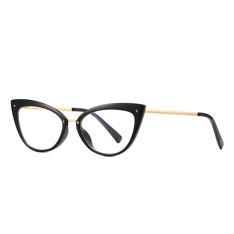Mixed Material Cat Eye Gold Crossbar Blue Light Blocking Glasses in Glossy Black