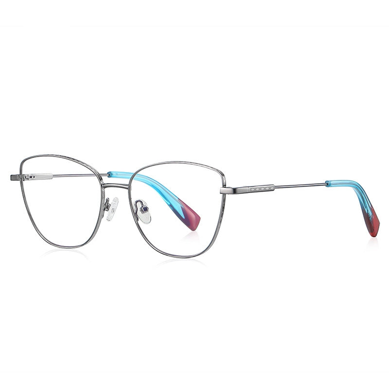 Accent Tip Metal Cat Eye Blue Light Blocking Glasses in Gunmetal with Turquoise Tips