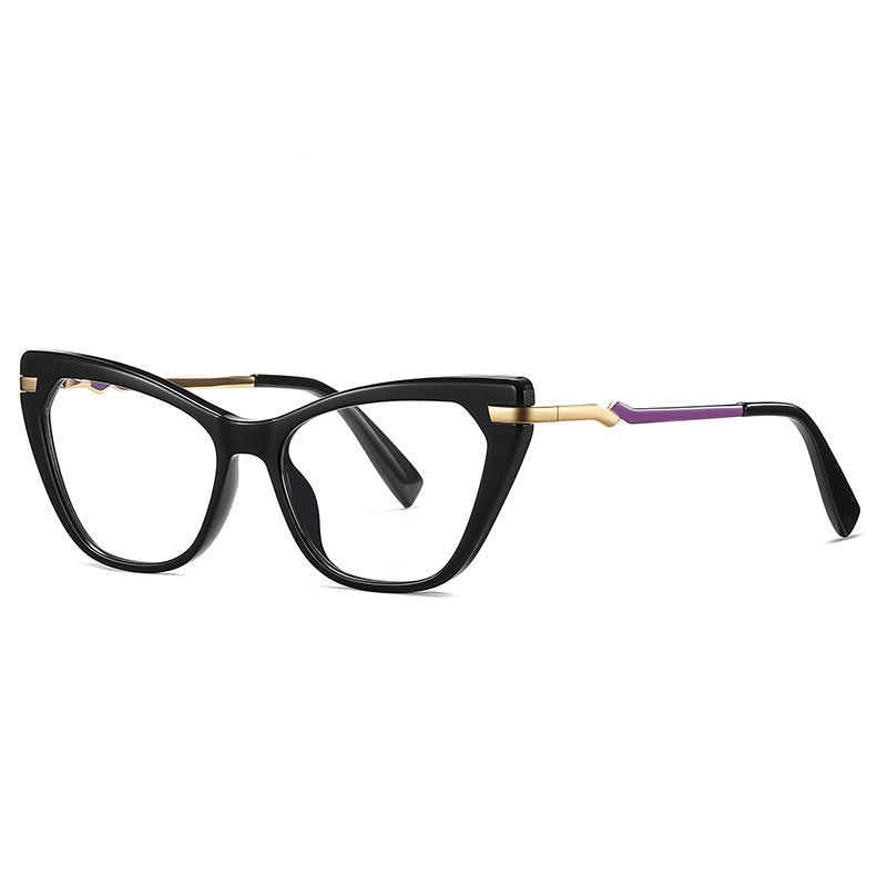 Stepped Hinge Cat Eye Blue Light Blocking Glasses in Glossy Black with Purple Inlay