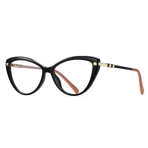 Banded Temple Cat Eye Blue Light Blocking Glasses in Glossy Solid Black