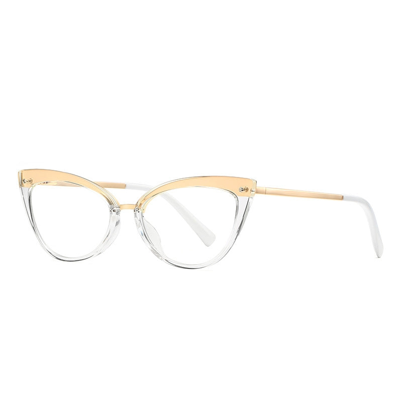 Mixed Material Cat Eye Gold Crossbar Blue Light Blocking Glasses in Clear Gold