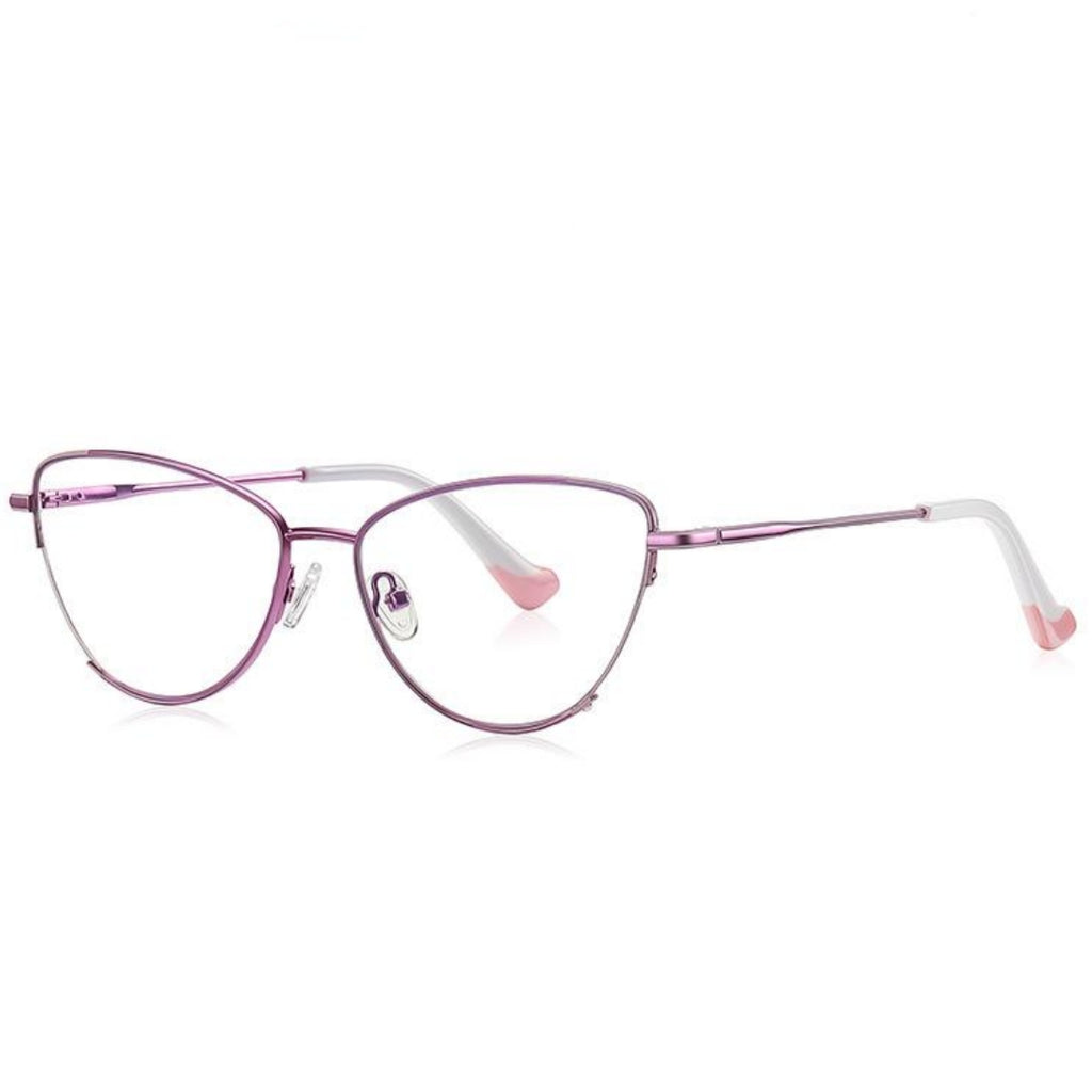 Dipped Tip Metal Cat Eye Spring Hinge Blue Light Blocking Glasses in Metallic Lilac Pink with White Accent Tips