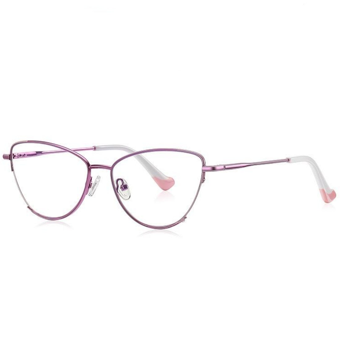 Dipped Tip Metal Cat Eye Spring Hinge Blue Light Blocking Glasses in Metallic Lilac Pink with White Accent Tips