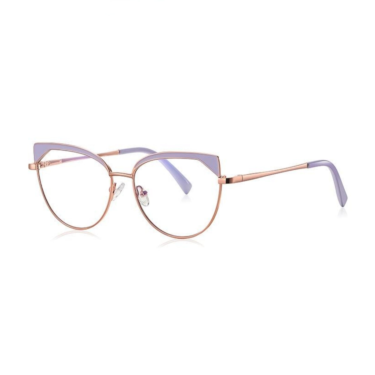Triangle Wing Metal Cat Eye Blue Light Blocking Glasses in Rose Gold with Lavender Triangle Wingtips