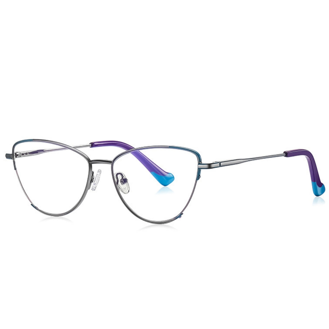 Dipped Tip Metal Cat Eye Spring Hinge Blue Light Blocking Glasses in Slate Gunmetal with Purple & Cyan Accent Tips