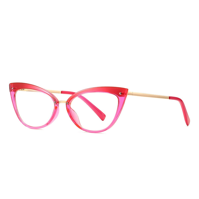 Mixed Material Cat Eye Gold Crossbar Blue Light Blocking Glasses in Red Pink Gradient