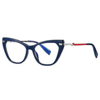 Stepped Hinge Cat Eye Blue Light Blocking Glasses in Navy Blue with Red Inlay