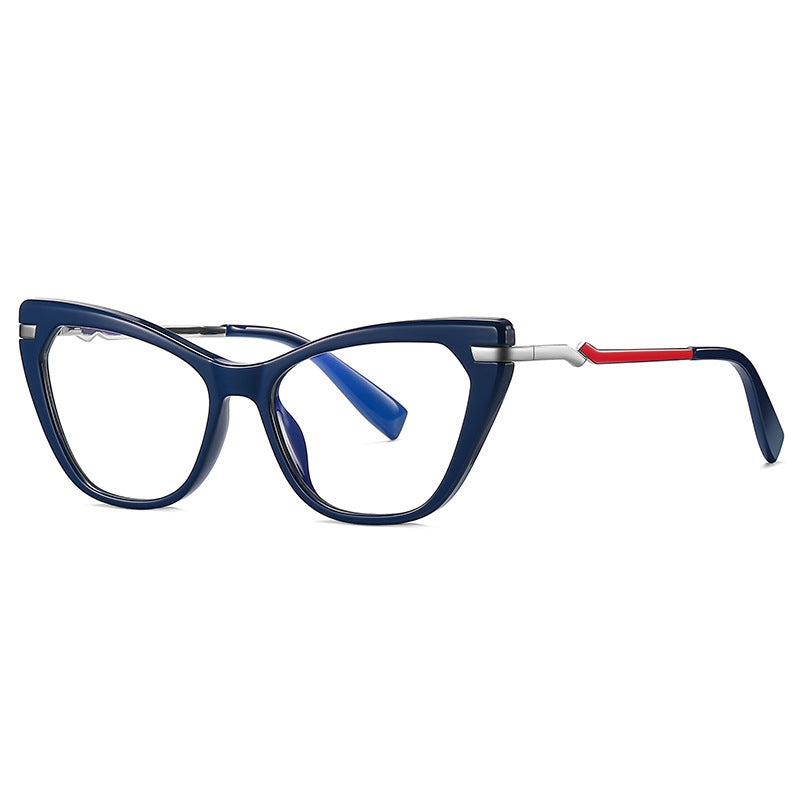 Stepped Hinge Cat Eye Blue Light Blocking Glasses in Navy Blue with Red Inlay