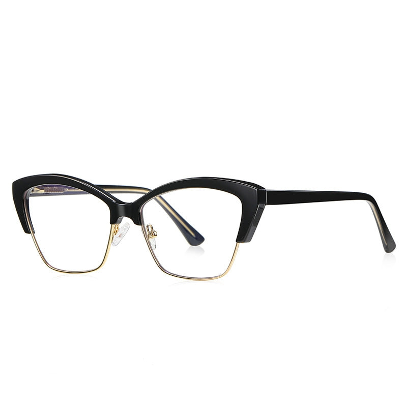Flared Browline Cat Eye Blue Light Blocking Glasses in Glossy Solid Black & Gold