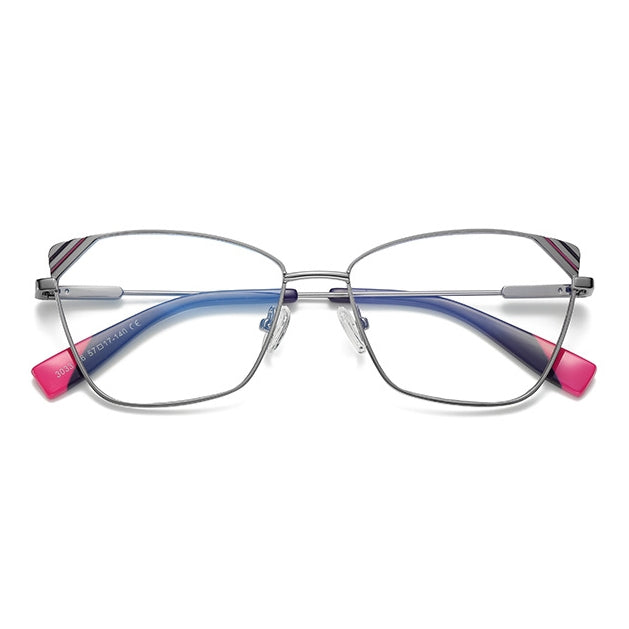 Striped Corner Metal Butterfly Spring Hinge Blue Light Blocking Glasses in Gunmetal Grey with Black & Crimson Striped Corners and Navy & Fuchsia Tips