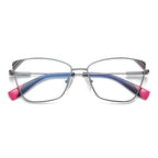 Striped Corner Metal Butterfly Spring Hinge Blue Light Blocking Glasses in Gunmetal Grey with Black & Crimson Striped Corners and Navy & Fuchsia Tips