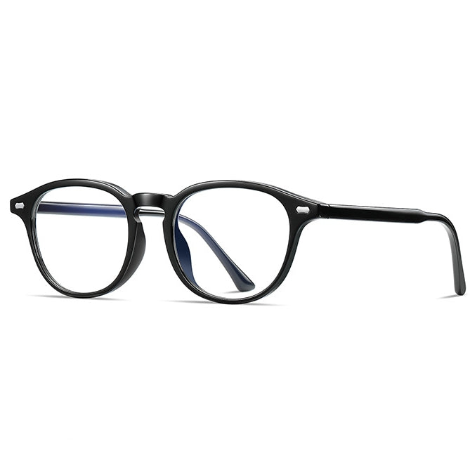 Dual Pin Rivet Keyhole Round Blue Light Blocking Glasses in Glossy Solid Black