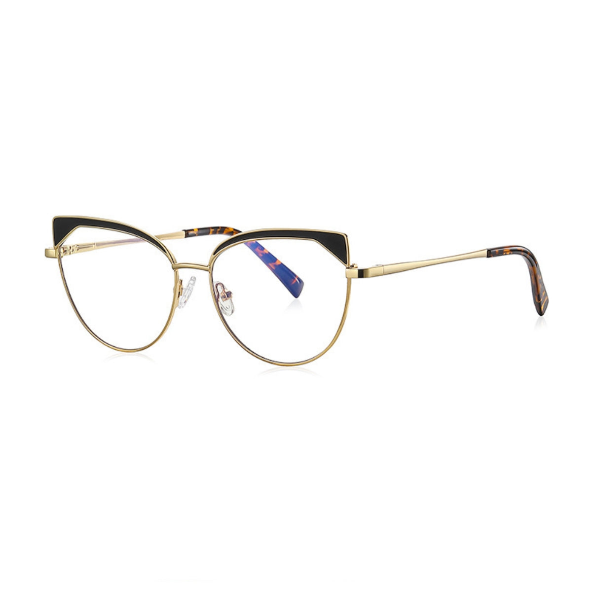 Triangle Wing Metal Cat Eye Blue Light Blocking Glasses in Gold with Black Triangle Wingtips
