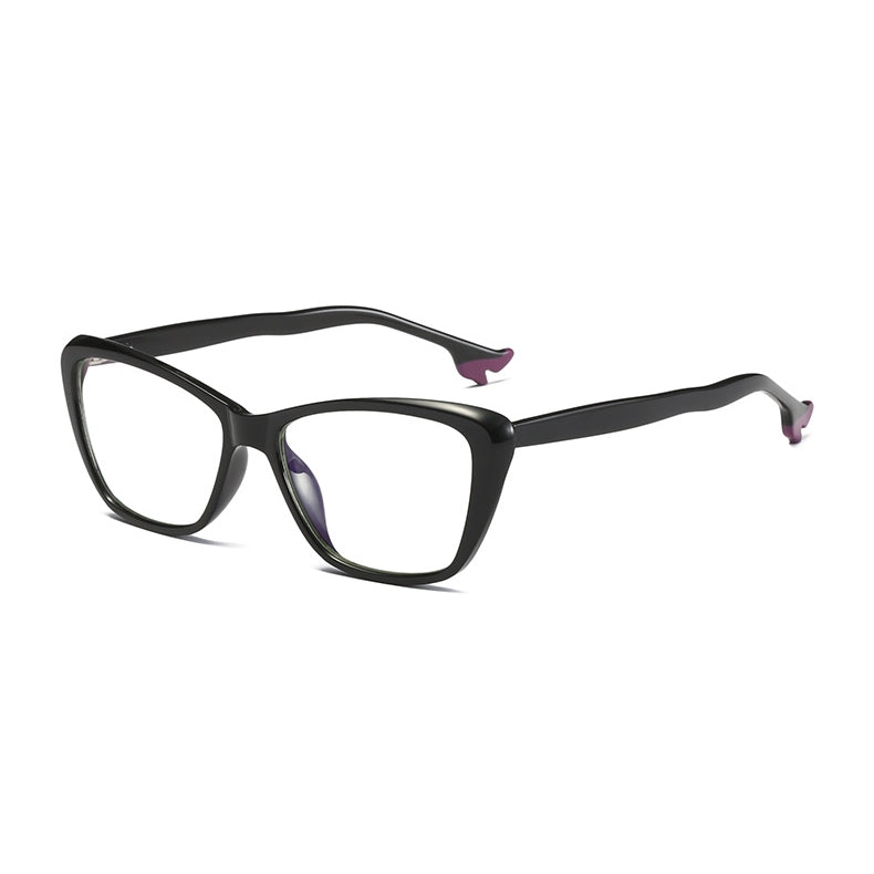 High Heel Temple Cat Eye Blue Light Blocking Glasses in Glossy Solid Black with Purple Heel Tips