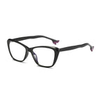 High Heel Temple Cat Eye Blue Light Blocking Glasses in Glossy Solid Black with Purple Heel Tips