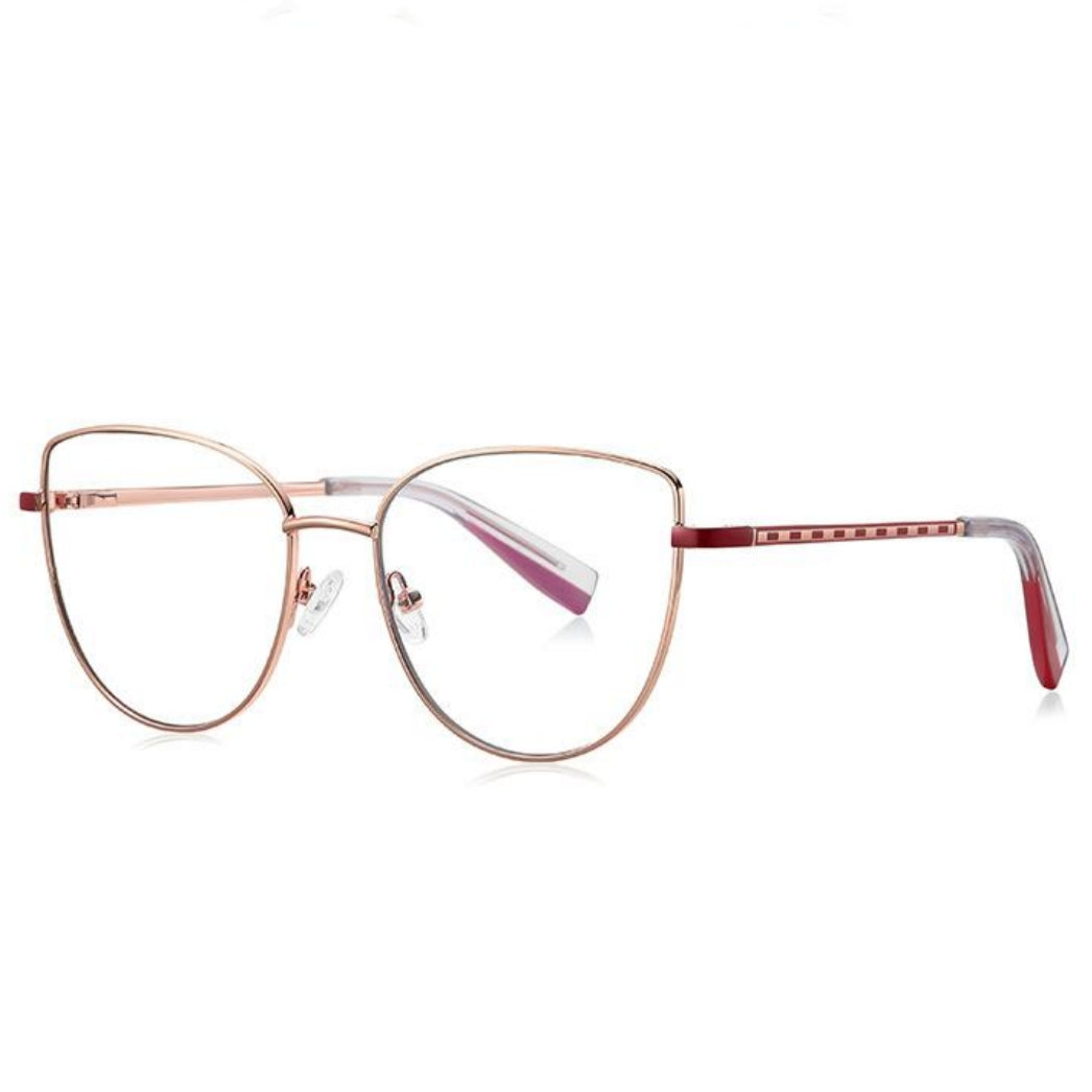 LENSVA Checkered Temple Metal Cat Eye Spring Hinge Glasses in Rose Gold & Burgundy