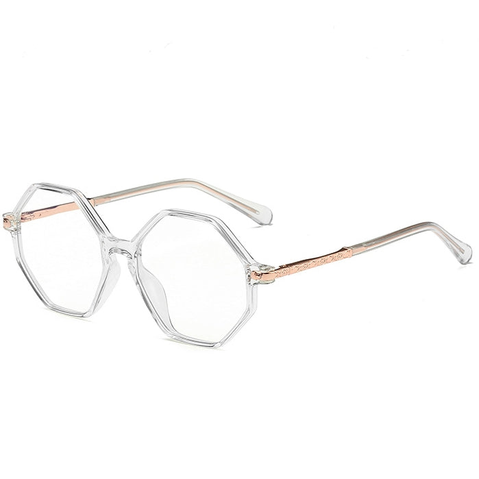Geometric Octagon Spring Hinge Blue Light Blocking Glasses in Crystal Clear Transparent with Gold Temples