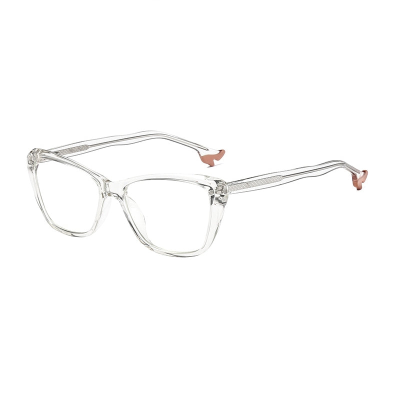 High Heel Temple Cat Eye Blue Light Blocking Glasses in Crystal Clear with Blush Pink Heel Tips
