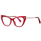 Stepped Hinge Cat Eye Blue Light Blocking Glasses in Translucent Ruby Red with Pink Inlay