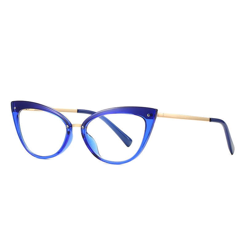 Mixed Material Cat Eye Gold Crossbar Blue Light Blocking Glasses in Sapphire Blue