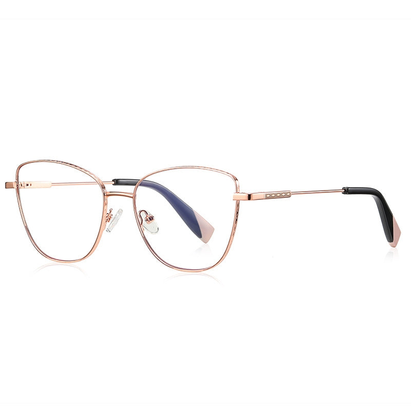 Accent Tip Metal Cat Eye Blue Light Blocking Glasses in Rose Gold with Black &amp; Navy Tips
