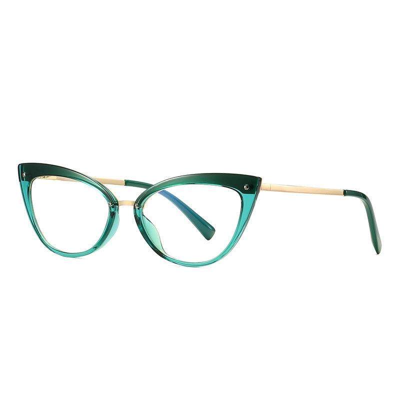 Mixed Material Cat Eye Gold Crossbar Blue Light Blocking Glasses in Emerald Green