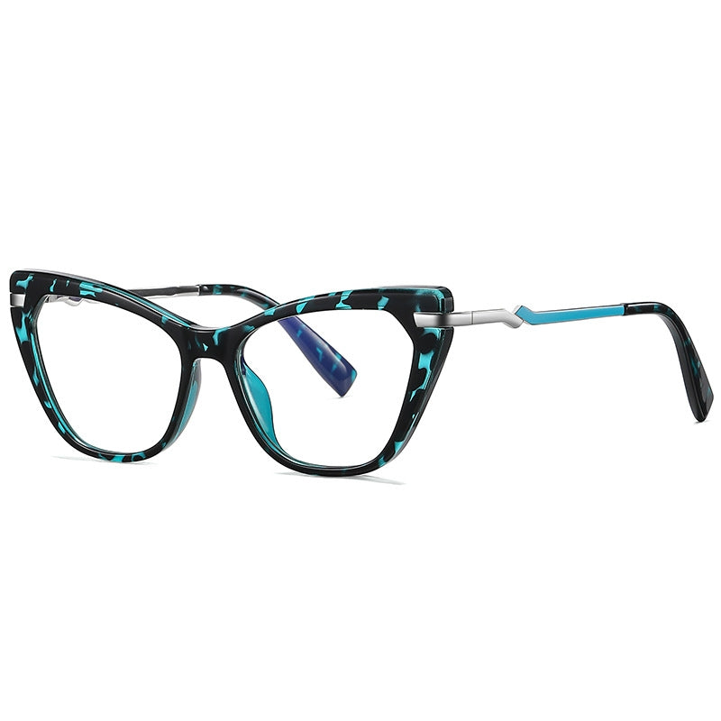 Stepped Hinge Cat Eye Blue Light Blocking Glasses in Teal Turquoise Tortoise with Cyan Inlay