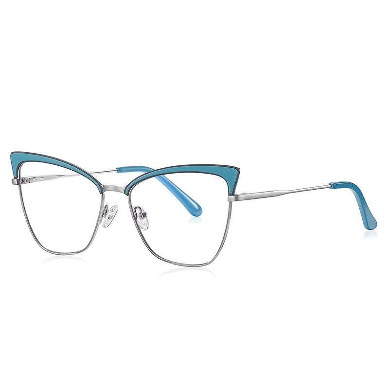 Bicolor Brow Metal Cat Eye Blue Light Blocking Glasses in Silver Metal with Cyan Blue Bicolor Brow