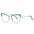 Bicolor Brow Metal Cat Eye Blue Light Blocking Glasses in Silver Metal with Cyan Blue Bicolor Brow