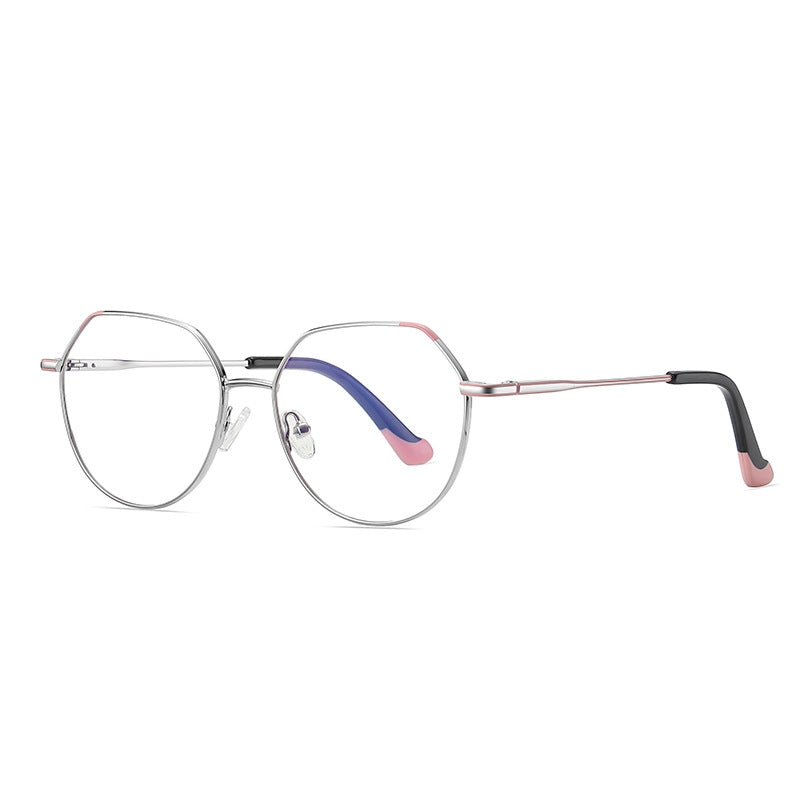 Geometric Octagon Metal Blue Light Blocking Glasses in Silver with Pink/Black Tips