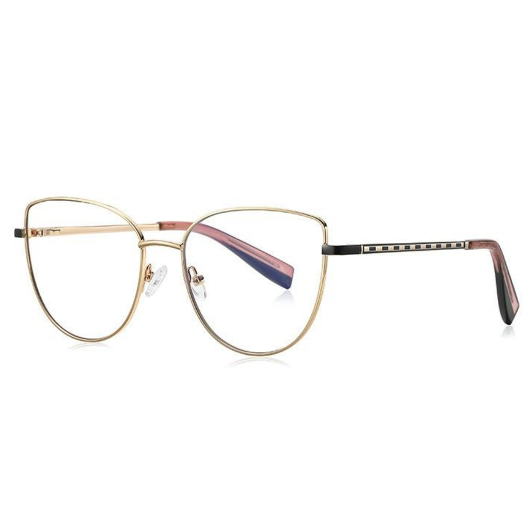 Checkered Temple Metal Cat Eye Spring Hinge Blue Light Blocking Glasses