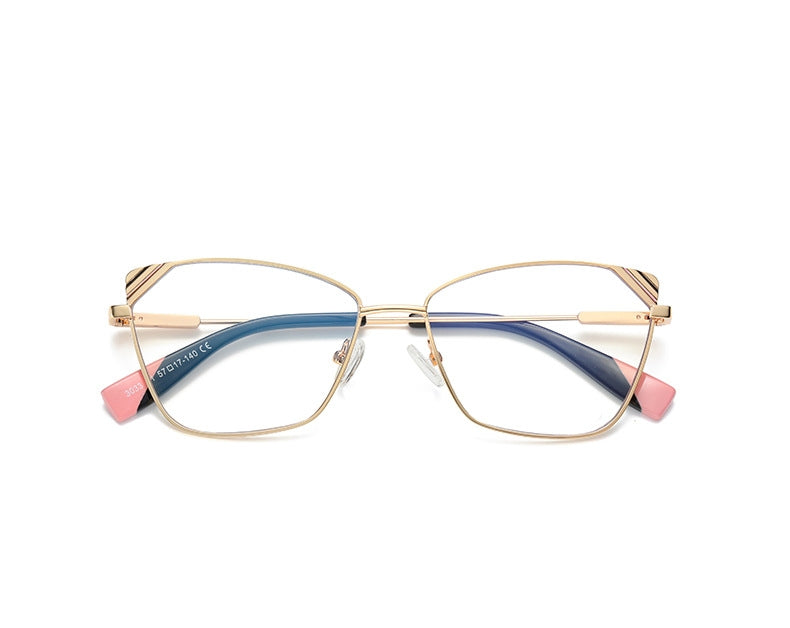 Striped Corner Metal Butterfly Spring Hinge Blue Light Blocking Glasses in Polished Gold with Black & Gold Striped Corners and Navy & Blush Pink Tips