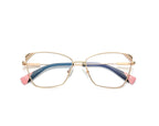 Striped Corner Metal Butterfly Spring Hinge Blue Light Blocking Glasses in Polished Gold with Black & Gold Striped Corners and Navy & Blush Pink Tips