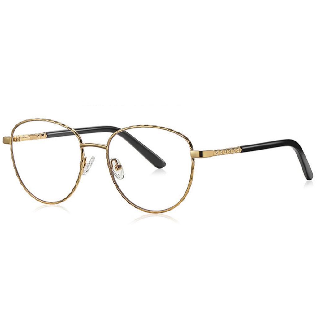 Twisted Rope Metal Round Blue Light Blocking Glasses in Pale Gold with Black Tips