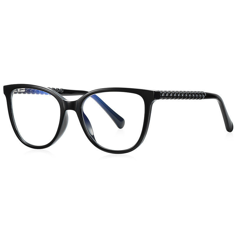 Chain-Link Temple Cat Eye Blue Light Blocking Glasses in Glossy Black
