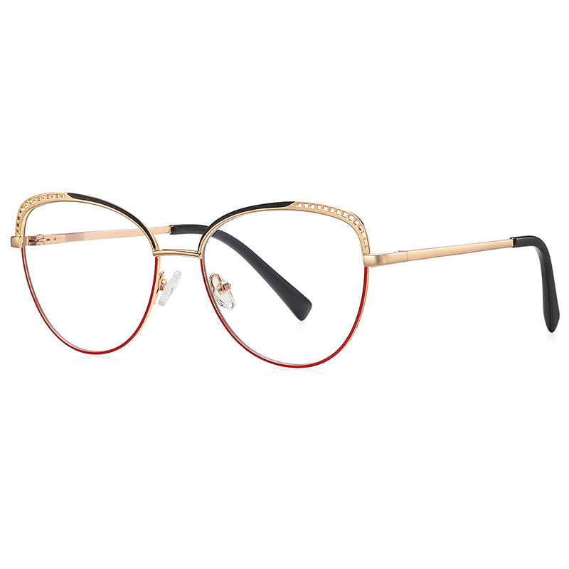 Beaded Brow Cat Eye Spring Hinge Blue Light Blocking Glasses in Black and Crimson Red with Gold Frame