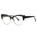 Winged Browline Cat Eye Spring Hinge Blue Light Blocking Glasses in Glossy Solid Black with Gold Wire Rim