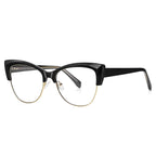 Winged Browline Cat Eye Spring Hinge Blue Light Blocking Glasses in Glossy Solid Black with Gold Wire Rim