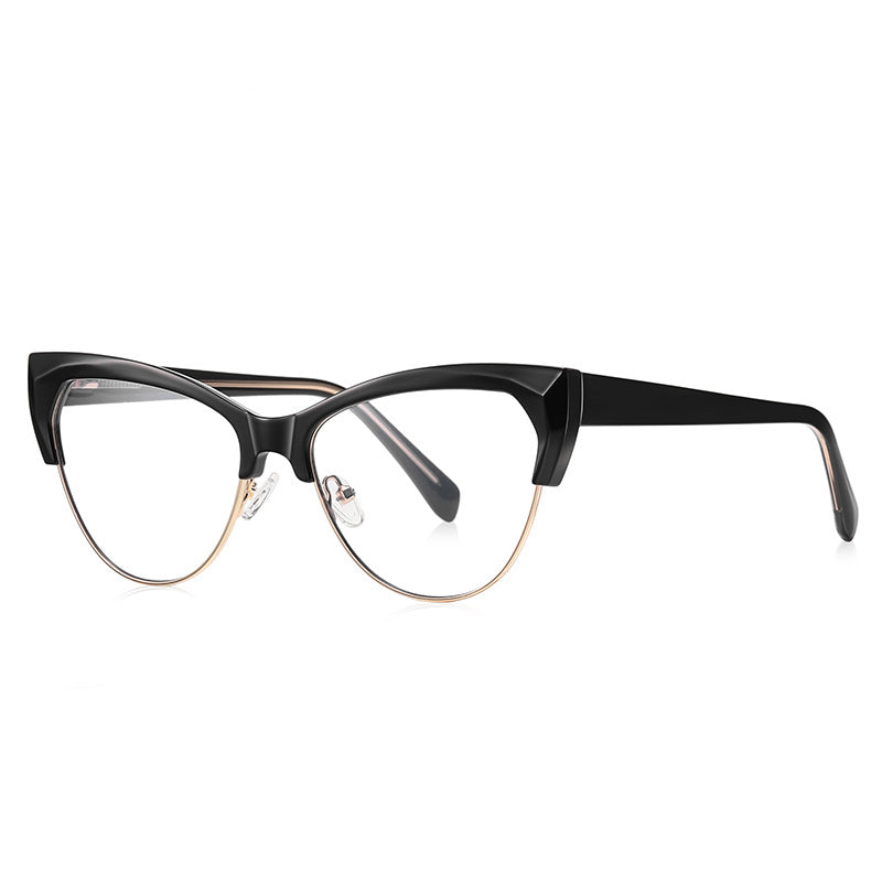 Faceted Browline Cat Eye Spring Hinge Blue Light Blocking Glasses in Glossy Black and Gold