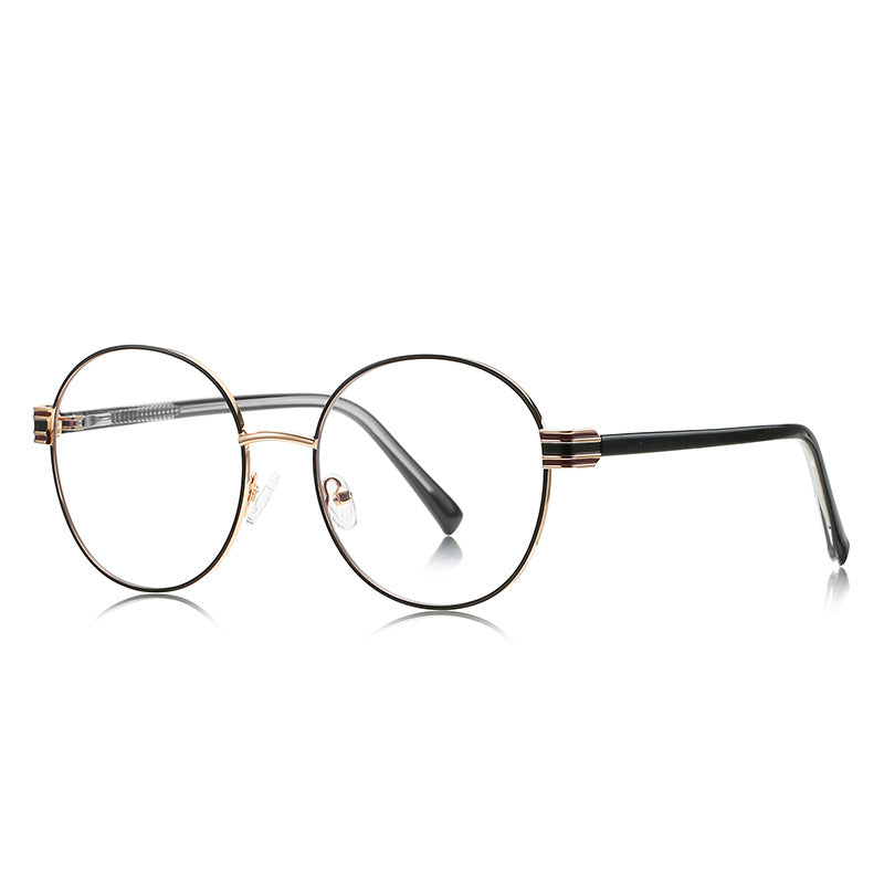 Fluted Hinge Metal Round Blue Light Blocking Glasses in Gold with Black Rim