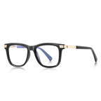 Fluted Temple Square Blue Light Blocking Glasses in Glossy Black with Gold Hardware