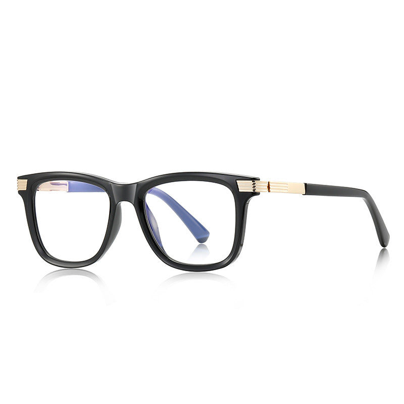 Fluted Temple Square Blue Light Blocking Glasses in Glossy Black with Gold Hardware