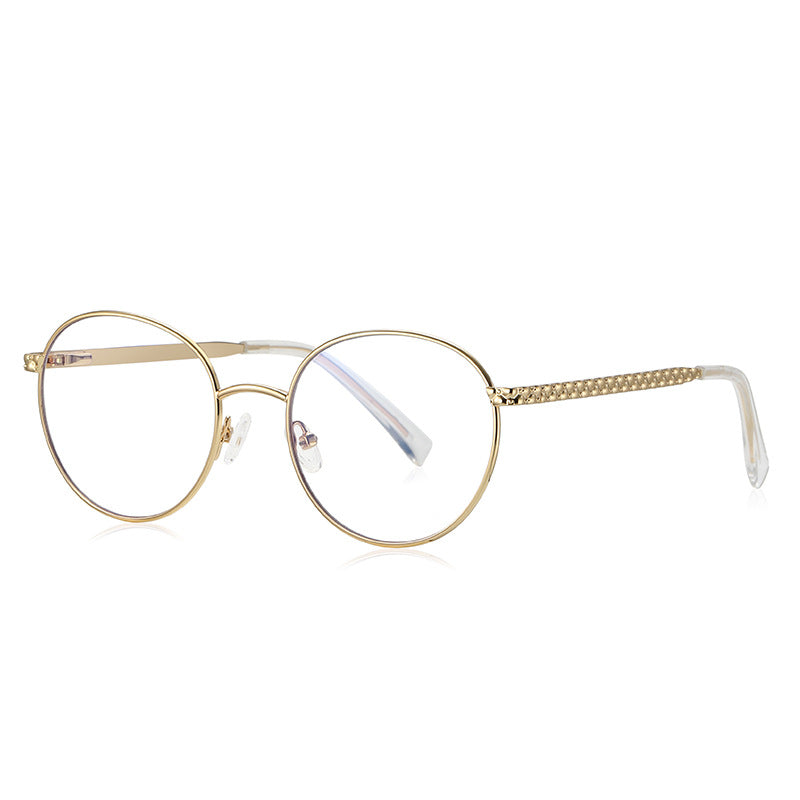 Chain-Link Temple Round Blue Light Blocking Glasses in Polished Gold
