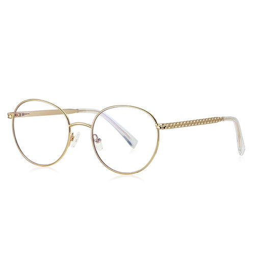 Chain-Link Temple Round Blue Light Blocking Glasses in Polished Gold