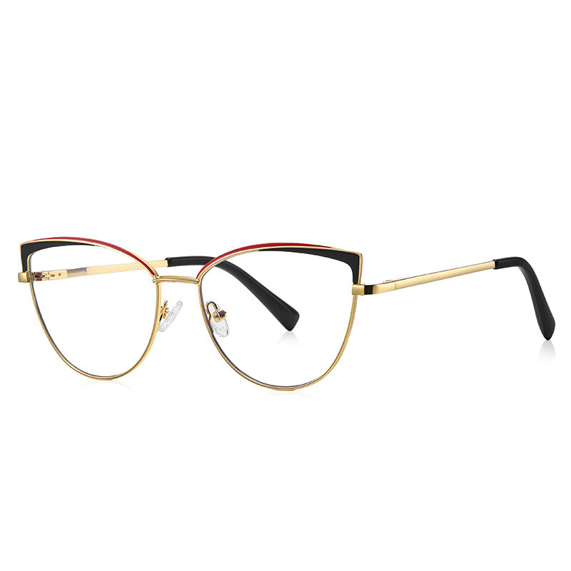 Two-Tone Brow Metal Cat Eye Blue Light Blocking Glasses in Black & Crimson Red