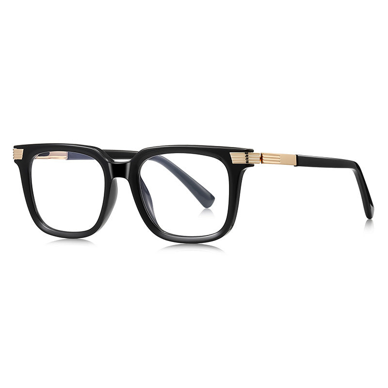 Fluted Bar Square Blue Light Blocking Glasses in Glossy Solid Black with Gold Fluted Bars