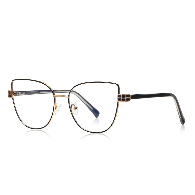 Grid Hinge Metal Cat Eye Blue Light Blocking Glasses in Gold with Black Enamel Rim
