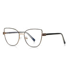 Grid Hinge Metal Cat Eye Blue Light Blocking Glasses in Gold with Black Enamel Rim